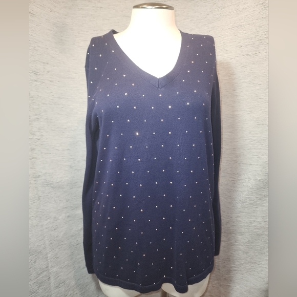 Tommy Hilfiger Large Women's Navy Blue Sweater Top with Sequins V-Neck Long - Picture 2 of 7